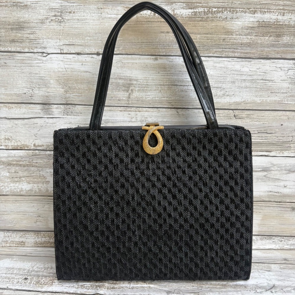 VTG Woven Fabric Framed Box Purse Handbag‎ Small Black Gold Clasp 50s 60s Retro